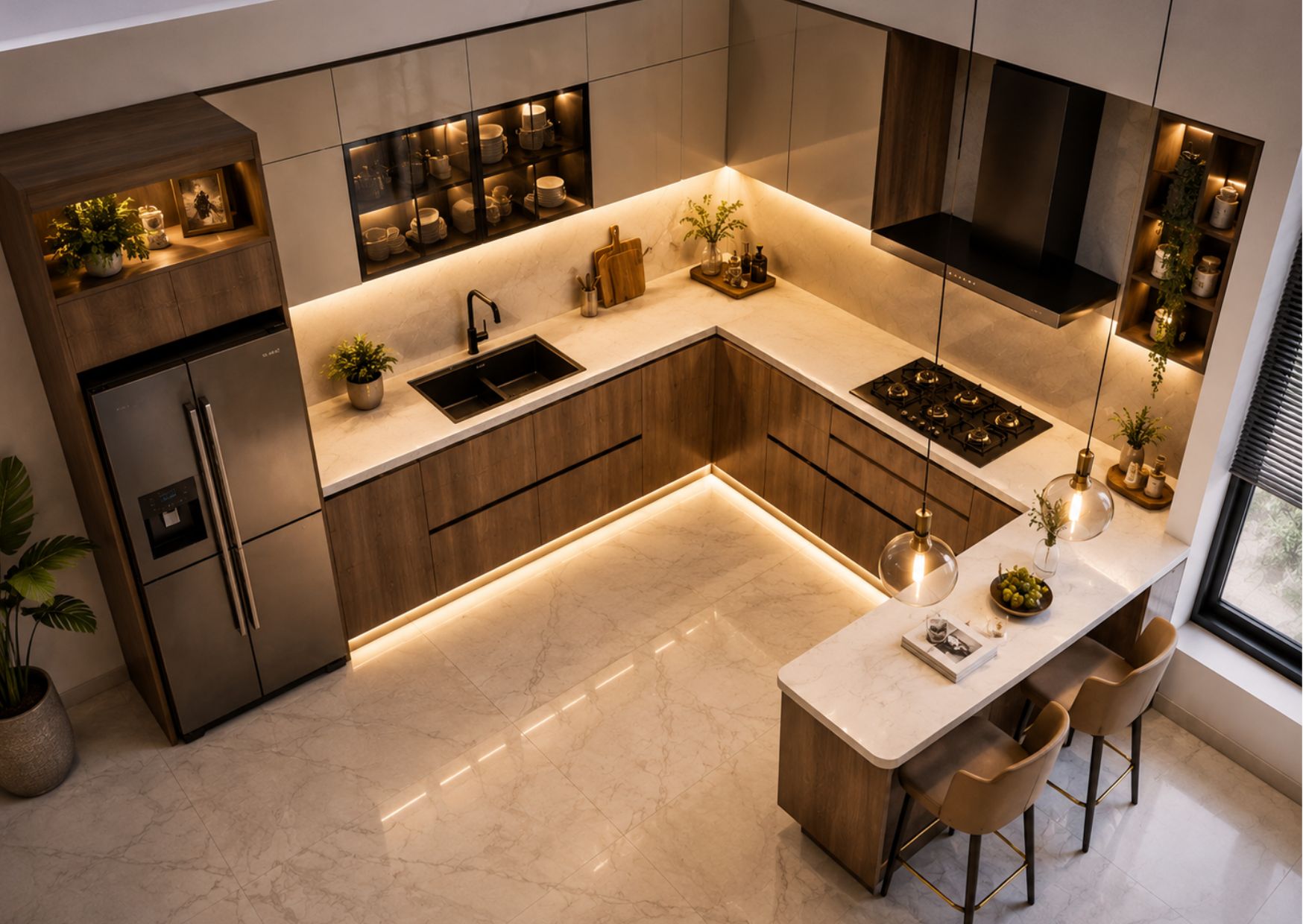 Modern pooja room interior design featuring a contemporary home temple with wooden wall unit, elegant lighting, and premium interiors by Jais Interio.