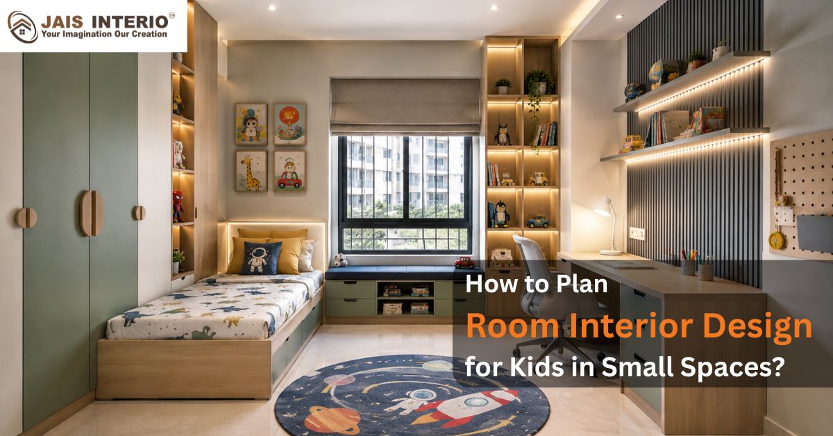 Modern pooja room interior design featuring a contemporary home temple with wooden wall unit, elegant lighting, and premium interiors by Jais Interio.